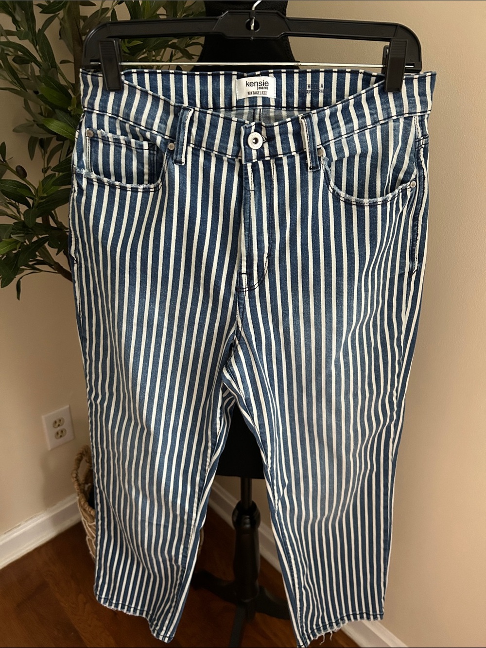 Kensie Blue and White Vertical Stripe Cropped Jeans